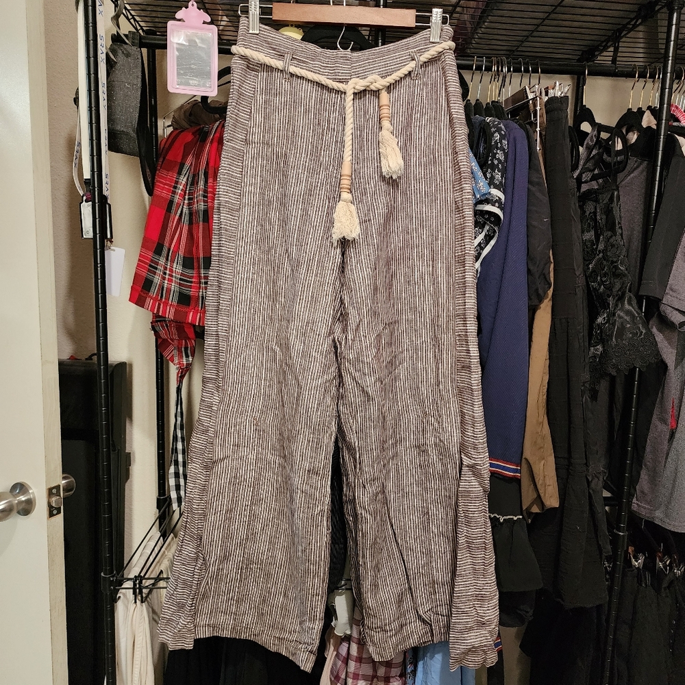 Anthropologie Wide-Leg Striped Pants with Rope Belt - Beige & Black